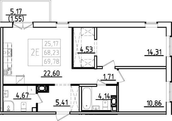 2-комнатная квартира 73.4 м², 8/9 эт., ЖК «IQ Гатчина 3»